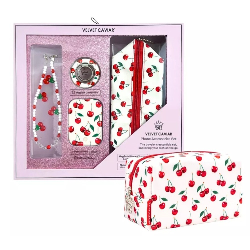 Velvet Caviar Cherry Phone Accessories Set MagSafe Compatible Ring Pouch Strap